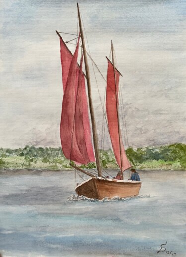 Malerei mit dem Titel "Zeesboot nach Westen" von Stefan Dhein, Original-Kunstwerk, Aquarell