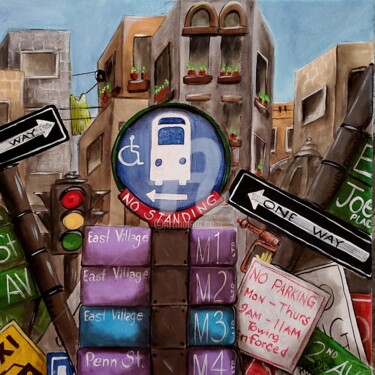 Pittura intitolato "The bus stop" da Helene, Opera d'arte originale, Acrilico Montato su Telaio per barella in legno