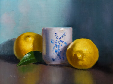 Peinture intitulée "Citrons et Tasse à…" par Pascal Giroud, Œuvre d'art originale, Huile Monté sur Panneau de bois