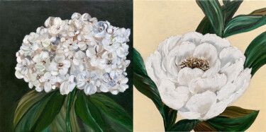 Flowers set diptych peony hydrangea Schilderij getiteld "Flowers set diptych…" door Tatiana Malinovscaia, Origineel Kunstwerk, Acryl Gemonteerd op Frame voor ho…