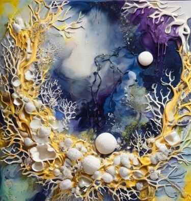 Moon in a Crown of Shells 绘画 标题为“Moon in a Crown of…” 由Selena Sashina, 原创艺术品, 丙烯 安装在木质担架架上