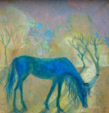 Peinture intitulée "Blue horse among tr…" par Olga Griunberg, Œuvre d'art originale, Acrylique Monté sur Châssis en bois