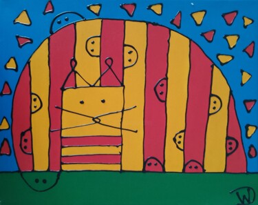 Sunny Holidaycat Peinture intitulée "Sunny Holidaycat" par W.M. Van Dam, Œuvre d'art originale, Acrylique