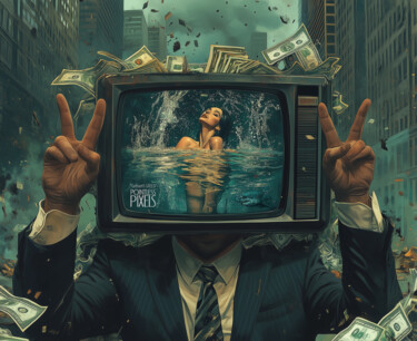 Digital Arts titled "Gothan's Greed" by Pointless Pixels, Original Artwork, AI generated image Mounted on Wood Stretcher fra…