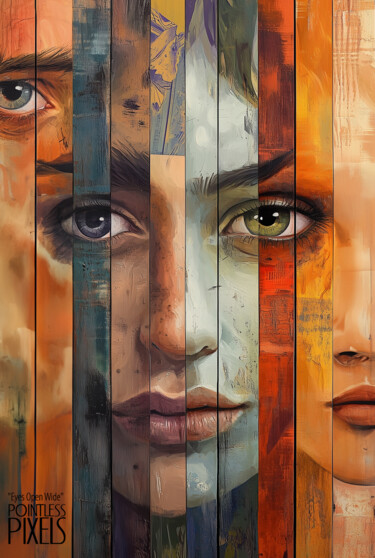 Digital Arts titled "Eyes Open Wide" by Pointless Pixels, Original Artwork, AI generated image Mounted on Wood Stretcher fra…