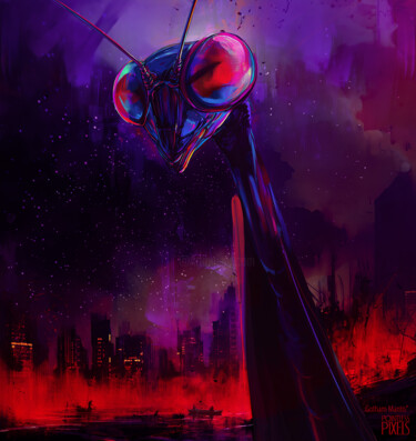 Digital Arts titled "Gotham Mantis" by Pointless Pixels, Original Artwork, AI generated image Mounted on Wood Stretcher frame