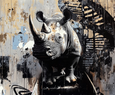 Digital Arts titled "Rhino v4" by Pointless Pixels, Original Artwork, AI generated image Mounted on Wood Stretcher frame