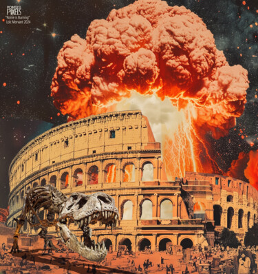 Digital Arts titled "Rome is Burning" by Pointless Pixels, Original Artwork, AI generated image Mounted on Wood Stretcher fr…