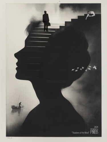 Digital Arts titled "Shadows of the Mind" by Pointless Pixels, Original Artwork, AI generated image Mounted on Wood Stretche…