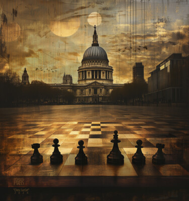 Digital Arts titled "Chess SunSet" by Pointless Pixels, Original Artwork, AI generated image Mounted on Wood Stretcher frame