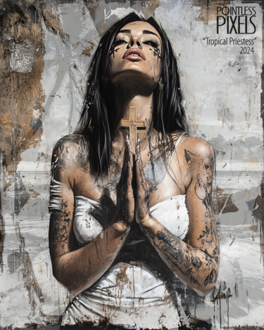 Digital Arts titled "Tropical Priestess" by Pointless Pixels, Original Artwork, AI generated image Mounted on Wood Stretcher…