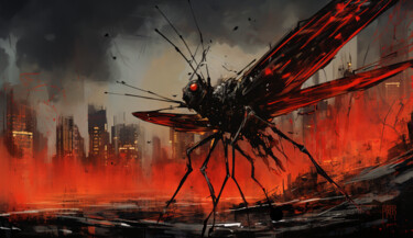 Digital Arts titled "A Bug Gotham City v2" by Pointless Pixels, Original Artwork, AI generated image Mounted on Wood Stretch…