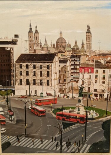 Painting titled "Plaza España, Zarag…" by Miguel Soria Montejano, Original Artwork, Oil Mounted on Wood Stretcher frame