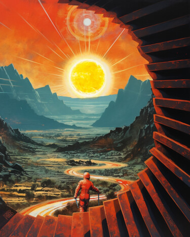 Digital Arts titled "Solaris" by Pointless Pixels, Original Artwork, AI generated image Mounted on Wood Stretcher frame