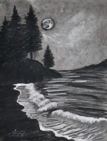 Рисунок под названием "The moon knows" - Alicia Lopez, Подлинное произведение искусства, Древесный уголь