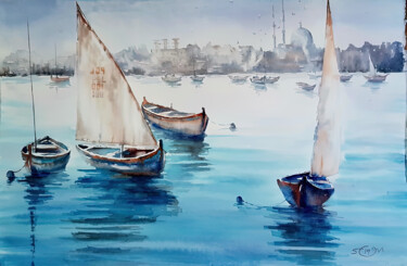 Watercolor Seascape Painting with Sailboats Painting titled "Watercolor Seascape…" by Olga Sova, Original Artwork, Watercolor