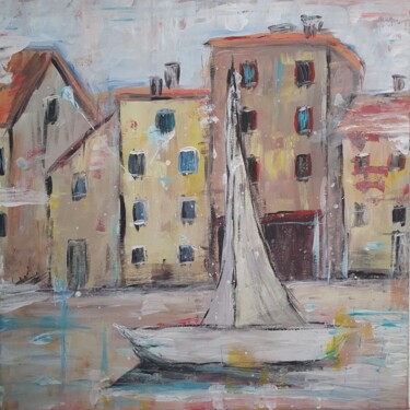 Painting titled "Город на набережной" by Nataliia Lipetska, Original Artwork, Acrylic Mounted on Wood Stretcher frame