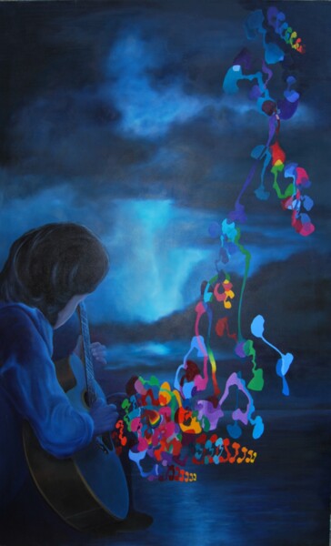 Schilderij getiteld "BLUES du VENDANGEUR…" door Michel Baudet, Origineel Kunstwerk, Olie Gemonteerd op Frame voor houten bra…