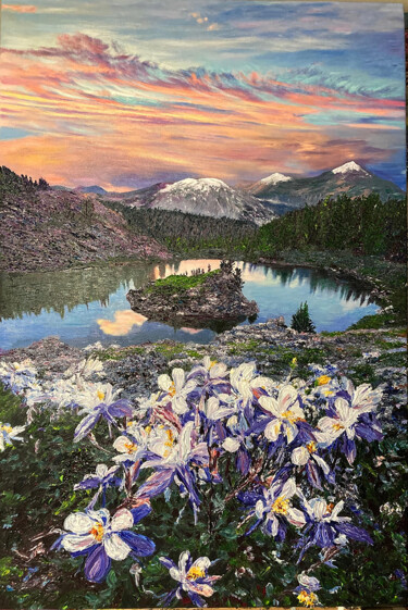 Картина под названием "Columbines" - Kenneth Halvorsen, Подлинное произведение искусства, Масло Установлен на Деревянная рам…