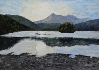 Sunset at the mountain lake Painting titled "Sunset at the mount…" by Vladimir Lebedev, Original Artwork, Oil Mounted on Wood Stretcher frame