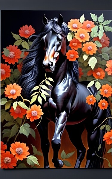 Painting titled "Black Horse" by Leila Khamchieva, Original Artwork, Acrylic Mounted on Wood Stretcher frame