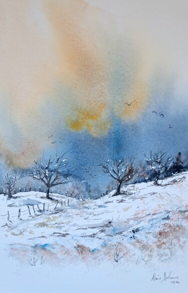 Peinture intitulée "UN VERGER SOUS LA N…" par Alain Devienne, Œuvre d'art originale, Aquarelle