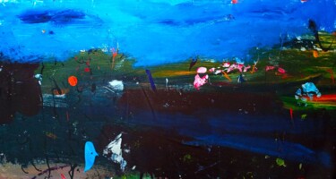 Painting titled "Village rivière et…" by Aymeric Du Heysel, Original Artwork, Acrylic Mounted on Wood Stretcher frame