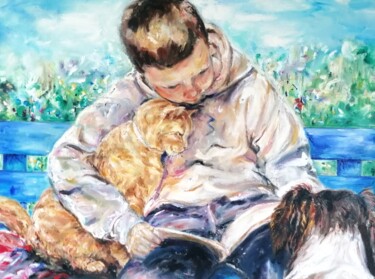 Painting titled "L'enfant, son livre…" by Sylvie Bayle, Original Artwork, Oil Mounted on Wood Stretcher frame