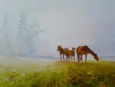 Pittura intitolato "Туманное утро" da Sereza Bystruskin, Opera d'arte originale, Olio Montato su Cartone