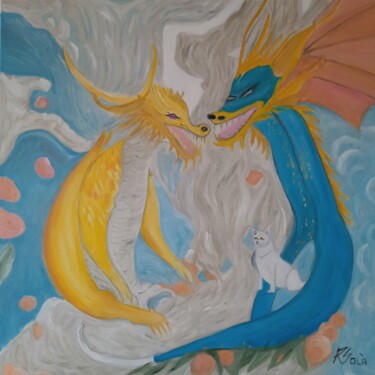 Pintura titulada "Perro,Gato i Dragón" por Roser Solà, Obra de arte original, Oleo Montado en Panel de madera