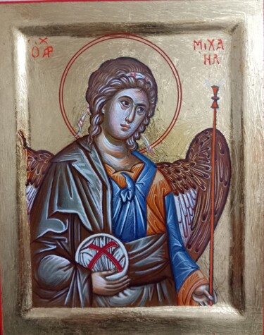 Pittura intitolato "Αρχάγγελος Μιχαήλ" da Nikos Nikolaides, Opera d'arte originale, Tempera Montato su Pannello di legno
