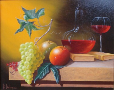 Peinture intitulée "CARAFE  POMMES  RAI…" par Bertrand Delogne, Œuvre d'art originale, Huile Monté sur Châssis en bois