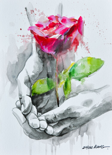 Картина под названием "hand holding rose 1" - Kang Zhou, Подлинное произведение искусства, Акварель