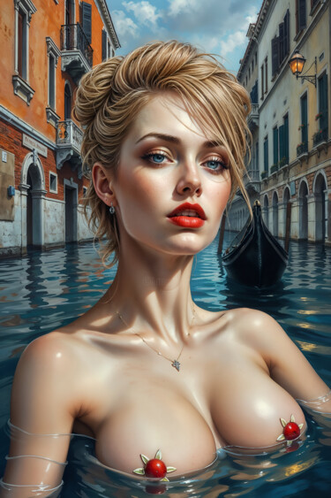 Digitale Kunst getiteld "Canale Grande Swimm…" door Jo Graetz (Jo Graetz), Origineel Kunstwerk, AI gegenereerde afbeelding