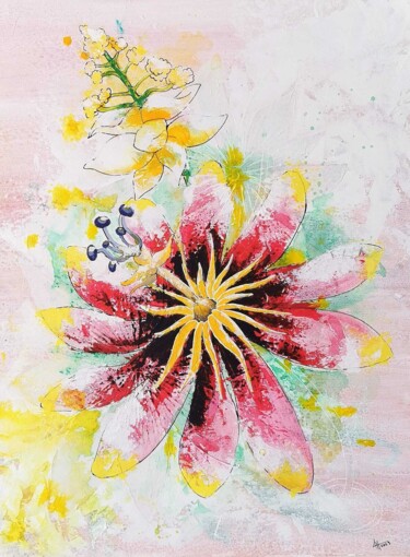 Passiflores -2- Série ~Inspiration péi ~ 제목이 "Passiflores -2- Sér…"인 미술작품 Aurélie Herole로, 원작, 아크릴 나무 들것 프레임에 장착됨