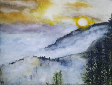Peinture intitulée "Misty peaks and sun…" par Isa-Isarielle, Œuvre d'art originale, Aquarelle