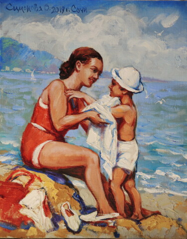 Mother's Love at the Seaside Framed oil painting on canvas 绘画 标题为“Mother's Love at th…” 由Simanolya, 原创艺术品, 油 安装在木质担架架上
