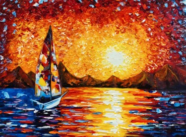 Malerei mit dem Titel "Sailboat at Sunset" von Inna Kuriakina, Original-Kunstwerk, Öl Auf Keilrahmen aus Holz montiert