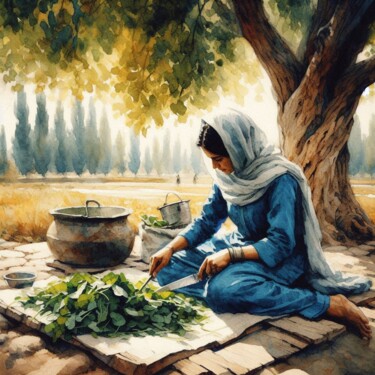 Pakistani Woman's Daily Cooking Chores: Rustic Way. Digital Arts titled "Pakistani Woman's D…" by Nain Tara, Original Artwork, AI generated image