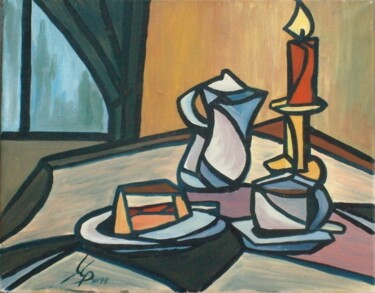 Malerei mit dem Titel "Kaffeetafel" von Michael Puhl, Original-Kunstwerk, Öl