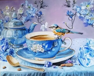 Painting titled ""Déjeuner printanie…" by Philippe Lemesle, Original Artwork, Oil Mounted on Wood Stretcher frame