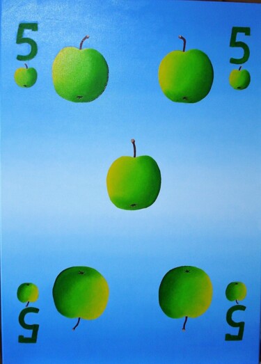 绘画 标题为“LE 5 DE POMMES VERT…” 由Bertrand Delogne, 原创艺术品, 油 安装在木质担架架上