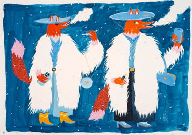 Pintura titulada "«Foxes with hats»" por Yevhenii Litvinenko, Obra de arte original, Gouache