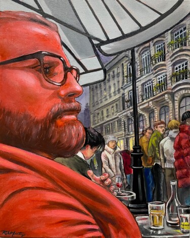 Painting titled "LE FLANEUR" by Robert Inestroza, Original Artwork, Oil Mounted on Wood Stretcher frame