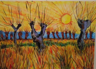 Landschaft mit Weiden (Im Stil von van Gogh) Malerei mit dem Titel "Landschaft mit Weid…" von Klaus Niepoth, Original-Kunstwerk, Acryl Auf Keilrahmen aus Holz montiert