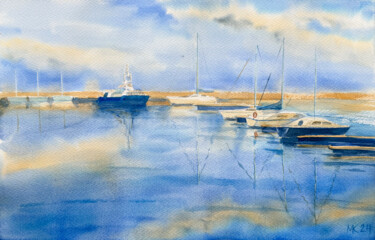 Sea Evening-watercolor in blue colors 제목이 "Sea Evening-waterco…"인 미술작품 Katerina Morozova로, 원작, 수채화
