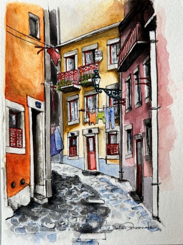 Ζωγραφική με τίτλο ""Lisboa, menina e m…" από P3tra, Αυθεντικά έργα τέχνης, Ακουαρέλα