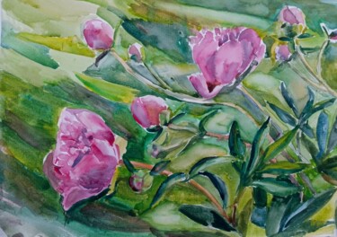 Painting titled ""Peonies in the cou…" by Vera Simakova, Original Artwork, Watercolor