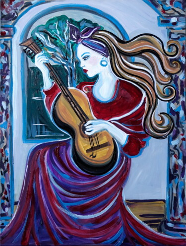 Schilderij getiteld "Joueuse de mandoline" door Zigou, Origineel Kunstwerk, Olie Gemonteerd op Frame voor houten brancard