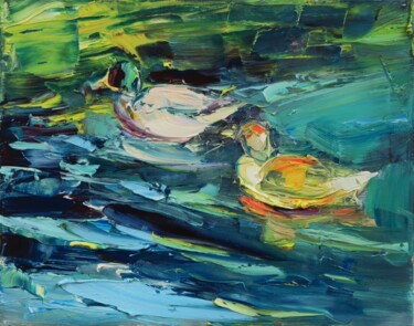 Peinture intitulée "Canards sauvages V" par Marta Lipowska, Œuvre d'art originale, Huile Monté sur Châssis en bois
